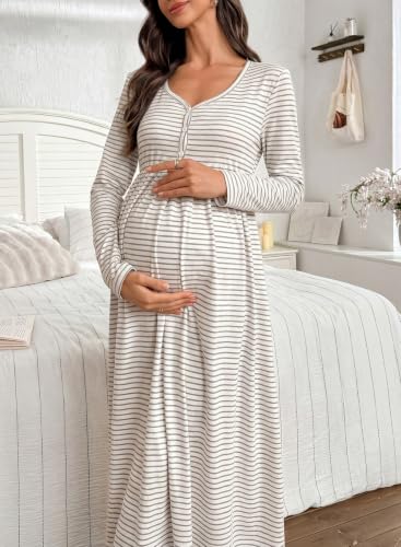 BLENCOT Maternity Dress V Neck Long Sleeve Striped Button Down Maxi Dresses - color: Grey, size: X-Large