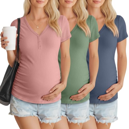 3 Pack Women's Maternity Shirts - color: Haze Blue, Light Pink, Gray Green, size: Small