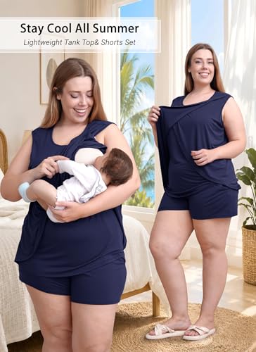 Rnxrbb 4 PCS All-Season Nursing Pajamas Robe Set Maternity Postpartum Pjs - color: Navy, size: Large