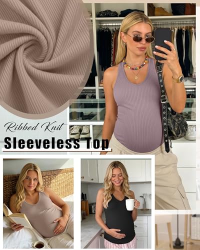 3 Pack Maternity Tank Tops Ribbed V Neck - color: Gray Purple, Khaki, Black, size: Large