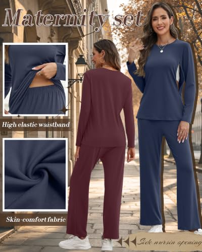 2 Pack Maternity Nursing Pajamas Set - color: Haze Blue, Wine Red, size: Small