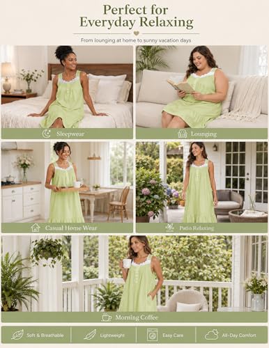 Viakeo 100% Cotton Nightgown for Women - color: Light Green, size: 3X-Large