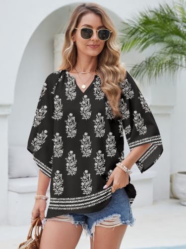 Poetsky Womens Boho Tops V Neck 3/4 Sleeve Blouses Loose Fit Tunic Shirts - color: Black, size: Medium