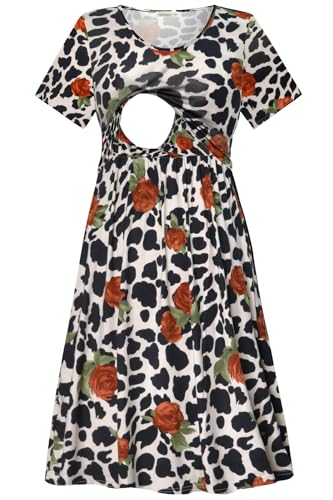 PARNIXS Women's Nursing Dress Summer Short Sleeve Patchwork Pregnancy Clothes with Pockets - color: Pattern 12, size: Large