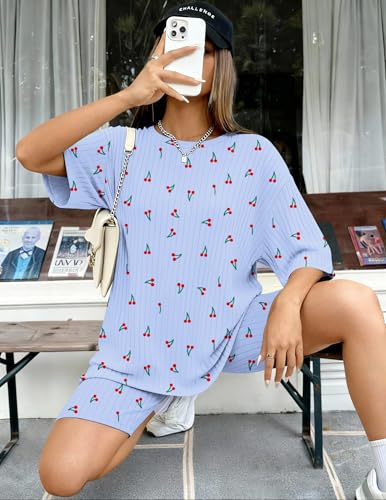 Ekouaer Women 2 Piece Lounge Sets Ribbed Knit Oversized Shirt Biker Shorts - color: Blue Cherry, size: Small