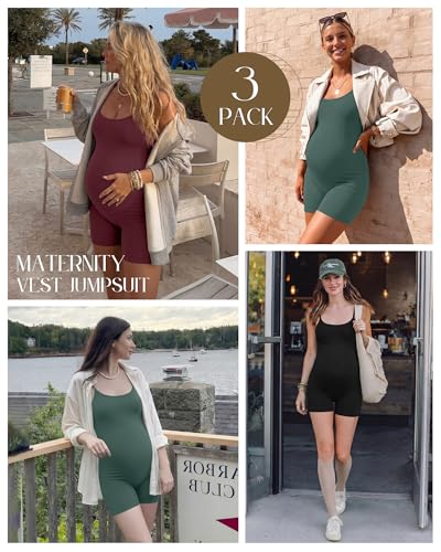 3 Pack Women's Maternity Jumpsuit Shorts - color: Burgundy, Sage Green, Black, size: Medium