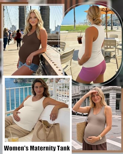 3 Pack Maternity Tank Tops Ribbed V Neck - color: Cream, Khaki, Coffee, size: Large