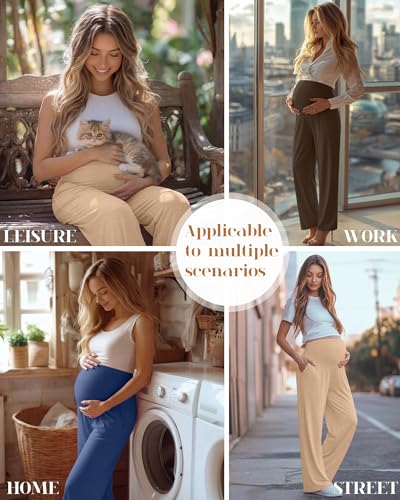 3 Pack Women's Maternity Lounge Pants with Pockets - color: Brown, Apricot, Blue, size: Small
