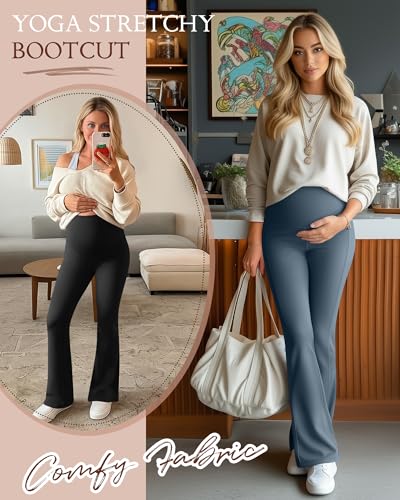 3 Pack Maternity Over The Belly Flared Leggings Pants - color: Apricot, Haze Blue, Black, size: Small