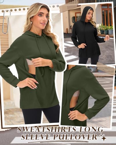 Ficerd 2 Pack Women's Nursing Waffle Hoodies Breastfeeding Tops - color: Army Green, Black, size: Small