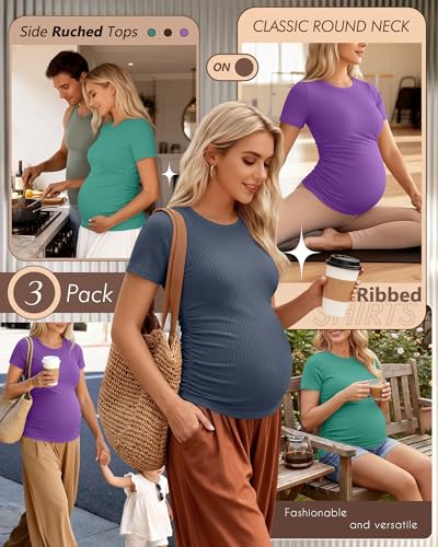 Ficerd 3 Pack Women's Short Sleeve Maternity Shirts - color: Purple, Coffee, Pink Green, size: Large