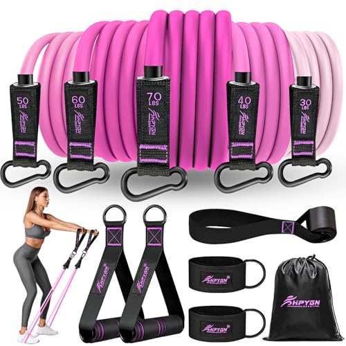 HPYGN Resistance Bands with Handles, 150 lb Exercise Bands for Home Workout - color: pink, style: 250LBS