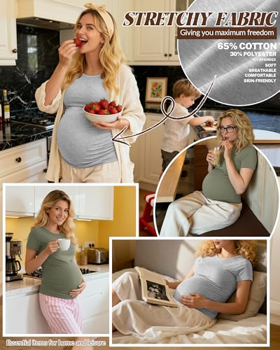 Huukeay 4 Pack Women's Short Sleeve Maternity Tops - color: Black, Army Green, Light Heather Gray, White, size: Medium