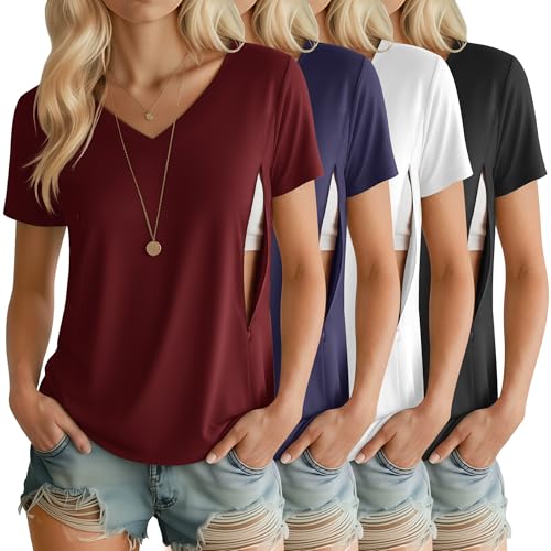 4 Pack Women's Nursing Maternity Shirts - color: Black, White, Navy Blue, Wine Red, size: Medium