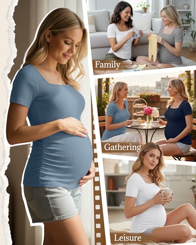 Huukeay 4 Pack Women's Short Sleeve Maternity Shirts - color: Navy Blue, Heather Gray, White, Haze Blue, size: Small