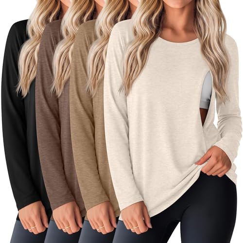 Oakgarden 4 Pack Women Cotton Nursing Tops for Breastfeeding - color: Beige, Camel, Brown, Black, size: Large