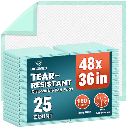 BIGGMED 25 Count Heavy Duty Bed Pads, 48" x 36" Disposable Underpads - size: 48"x36"-25 Count
