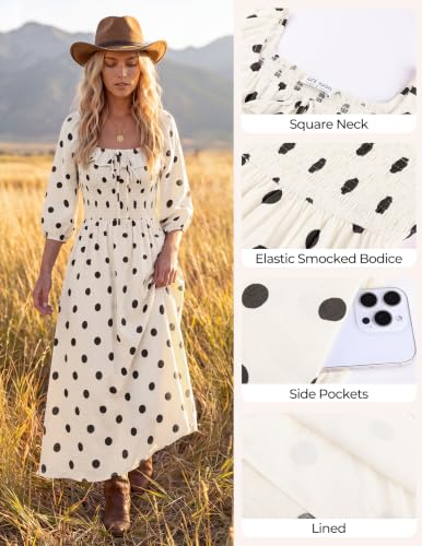 Kate Kasin Womens Summer Fall Boho Maxi Wedding Guest Dresses with Pockets - color: White and Black Polka Dots, size: Medium