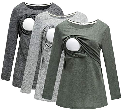 Bearsland Women's 3 Packs Maternity Clothes Long Sleeves Breastfeeding Shirts Nursing Top - color: Blackgraygree(3pcs), size: Medium