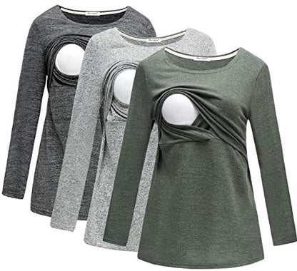 Bearsland Women's 3 Packs Maternity Clothes Long Sleeves Breastfeeding Shirts Nursing Top - color: Blackgraygree(3pcs), size: Medium