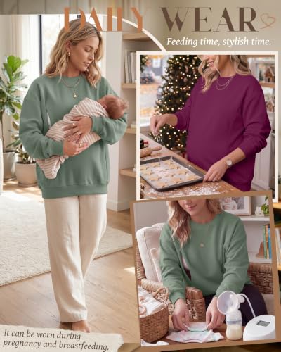 Locoowai 2 Pack Women's Oversize Nursing Sweatshirts - color: Light Green, Rose Red, size: Medium