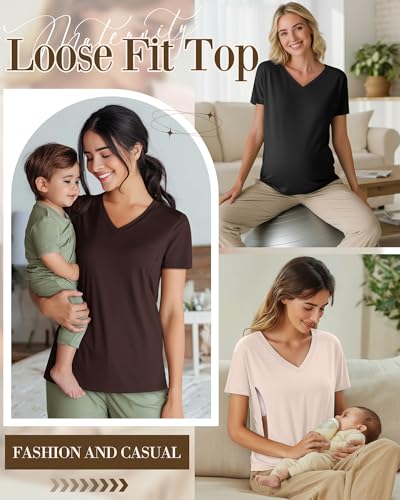 4 Pack Women's Nursing Maternity Shirts - color: Black, Brown, Khaki, Cream, size: Small