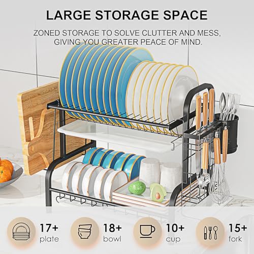 2-Tier Stainless Steel Dish Drying Rack with Drainboard,Black