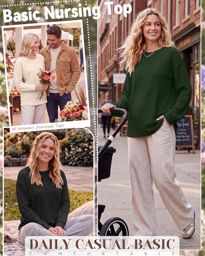 Oakgarden 3 Pack Women's Oversized Nursing Tops - color: Cream White, Army Green, Black, size: Large