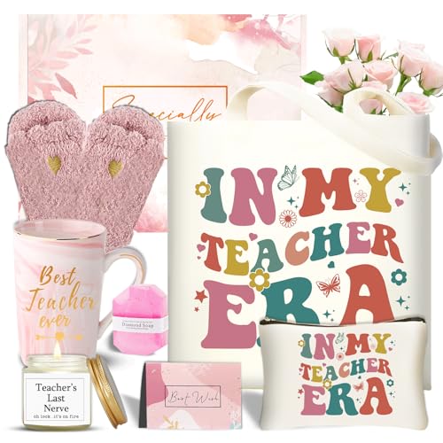 DHQH Best Teacher Christmas Gifts for Women, Teacher Birthday Appreciation Gifts Set, Funny Thank You Gift Basket with Canvas Tote Bag - style: teacher ever