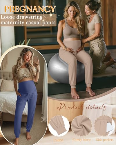 3 Pack Womens Maternity Pants Loose Pregnancy Joggers - color: Khaki, Haze Blue, Black, size: Medium