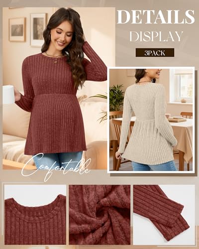 3 Pack Maternity Shirts Long Sleeve Ribbed Sweaters - color: Brick Red, Apricot, Black, size: XX-Large