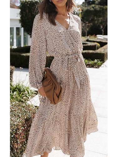 PRETTYGARDEN Womens Long Sleeve Boho Floral Wrap Maxi Dress - color: Apricot, size: Small