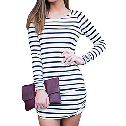 Sherosa Womens Basic Casual Long Sleeve Slim Fit T Shirt Dress Tunic Top - color: Black and White, size: Large