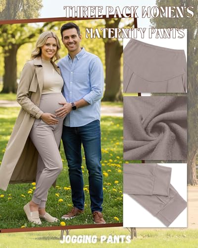 Oakgarden 3 Pack Women's Maternity Pants Over the Belly Joggers - color: Dark Brown, Light Coffee, Gray Apricot, size: Medium
