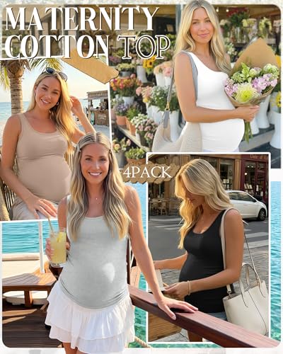 Xaatren 4 Pack Women's Maternity Tank Tops - color: Cream, White, Light Gray, Black, size: Medium