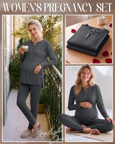 Huukeay Maternity Lounge Set Long Sleeve - color: Dark Heather Gray, size: X-Large