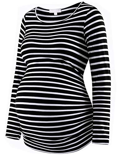 Maternity Shirt Long Sleeve Basic Top Ruch Sides Bodycon Tshirt for Pregnant Women - color: Black and White Stripe, size: Small