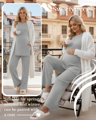 Women's 2 Piece Maternity Ribbed Pajama Outfit - color: Light Gray, size: Small