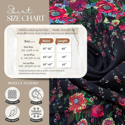 Long Skirts for Women Maxi Boho Skirt - color: Black Flowers, size: 16-20 Plus