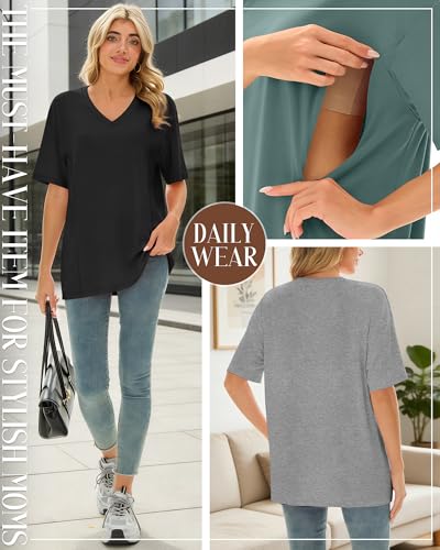 4 Pack Women's Oversize Nursing Tops - color: Light Gray, Dark Green, Khaki, Black, size: Small