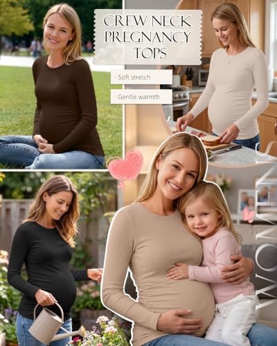 Ficerd 4 Pack Women's Maternity Shirts Long Sleeve Pregnancy Top - color: Black, Coffee, Khaki, Apricot, size: Medium