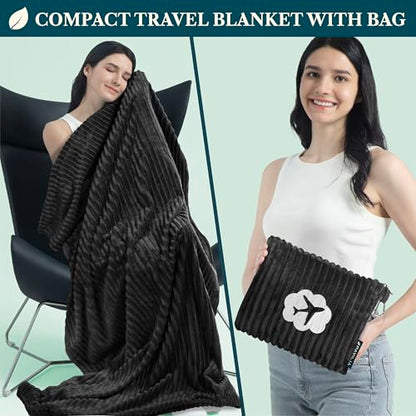 PAVILIA Travel Blanket Pillow, Soft Ribbed Fleece Airplane Blanket, Black - color: Black