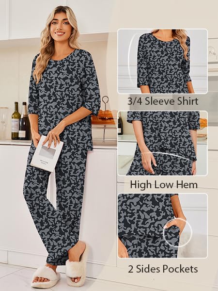Ekouaer Womens Pajamas Set 2 Piece 3/4 Sleeve Tops Long Pants Pj Set - color: Black Leopard, size: Medium