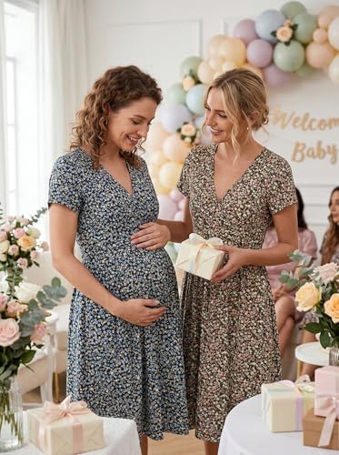 OUGES Women's Wrap V Neck Summer Casual Maternity Nursing Dress - color: Black Blue Floral, size: Small