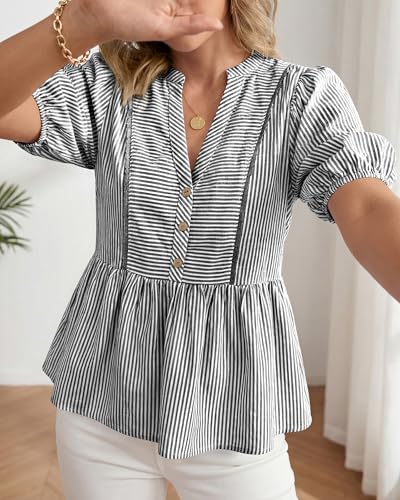 dowerme Women Lantern Sleeve Button Up Stripes Babydoll Tops - color: Black, size: Medium