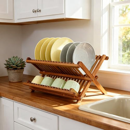 Utoplike Teak Wood Dish Drying Rack, Foldable Plate Organizer Countertop - size: 2 Tier-Compact