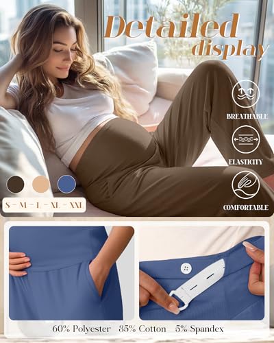 3 Pack Women's Maternity Lounge Pants with Pockets - color: Brown, Apricot, Blue, size: Small