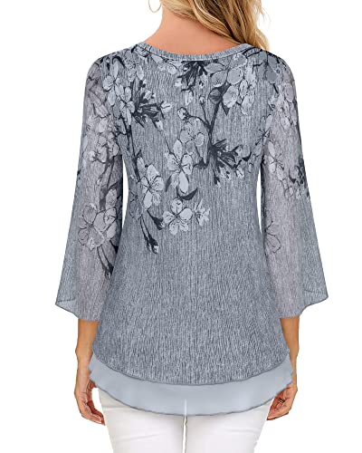 Timeson Women's 3/4 Sleeve Floral Blouses Shirts - color: Black Gray, size: Medium