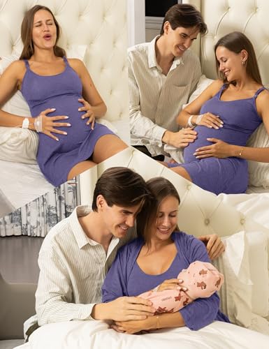 SUNNYBUY Nursing Nightgown & Maternity Robe Set for Postpartum Sleepwear - color: Purple Blue, size: Medium