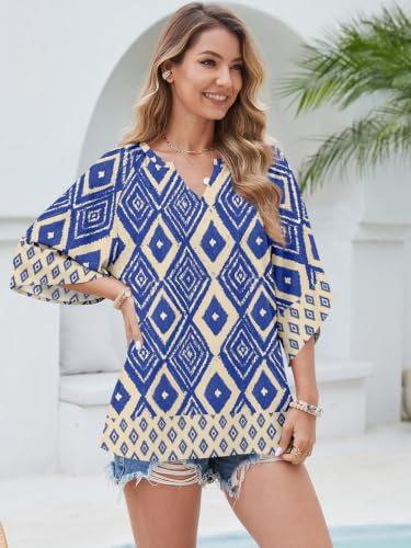 Poetsky Womens Boho Tops V Neck 3/4 Sleeve Blouses Loose Fit Tunic Shirts - color: Blue, size: Large